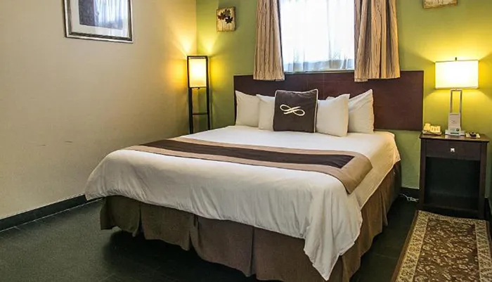 The image shows a neatly arranged hotel room with a queen-sized bed decorative pillows and warm lighting