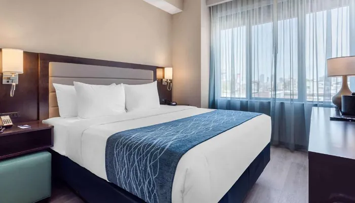 The image shows a neatly arranged hotel room with a large bed crisp white bedding a blue decorative throw flanked by bedside tables and lamps with a large window providing a view of the outside urban area