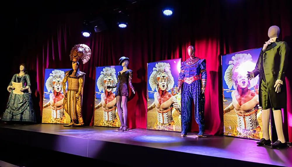 The image shows a collection of elaborate costumes on mannequins displayed onstage backed by vibrant photographs of performers wearing similar outfits