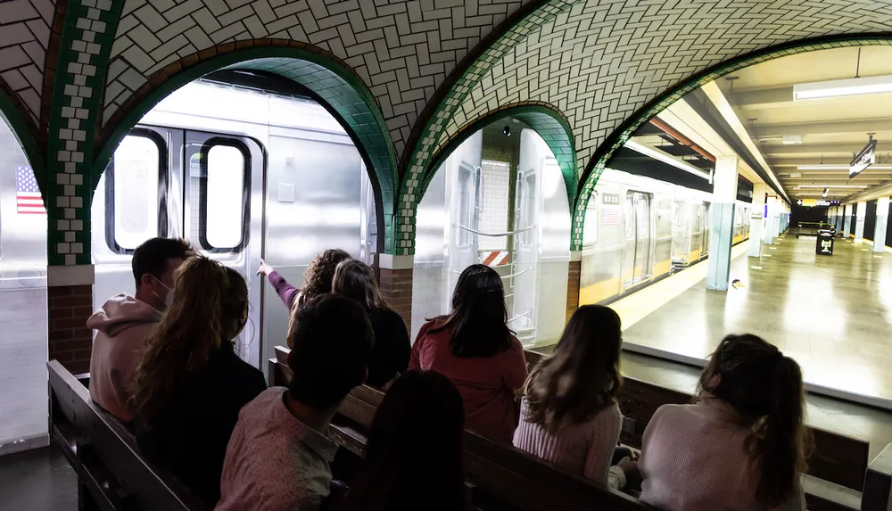 A group of people are seated on a bench in a subway station observing a train as it passes by
