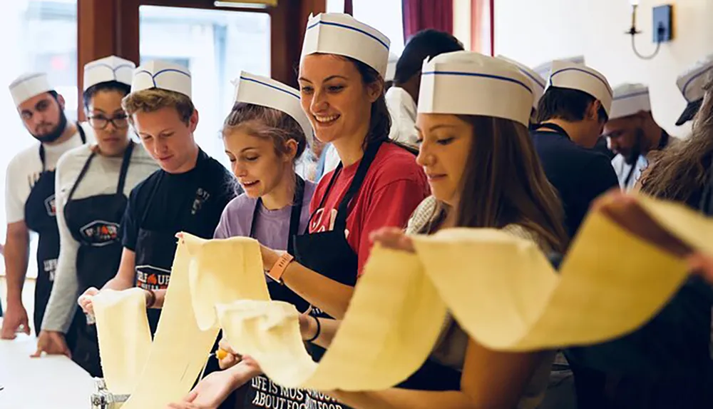 A group of individuals wearing white chef hats appear engaged and happy as they participate in a cooking class or culinary workshop