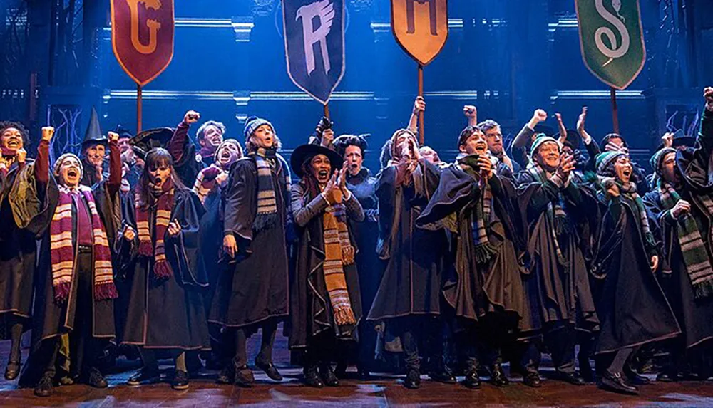 A group of excited performers dressed in wizarding robes and scarves representing different houses with corresponding banners cheer onstage in a Harry Potter-themed theatrical production
