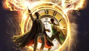 Two people are depicted with dramatic poses against a backdrop of a giant clock engulfed in dynamic energy arcs, suggestive of action or time travel.