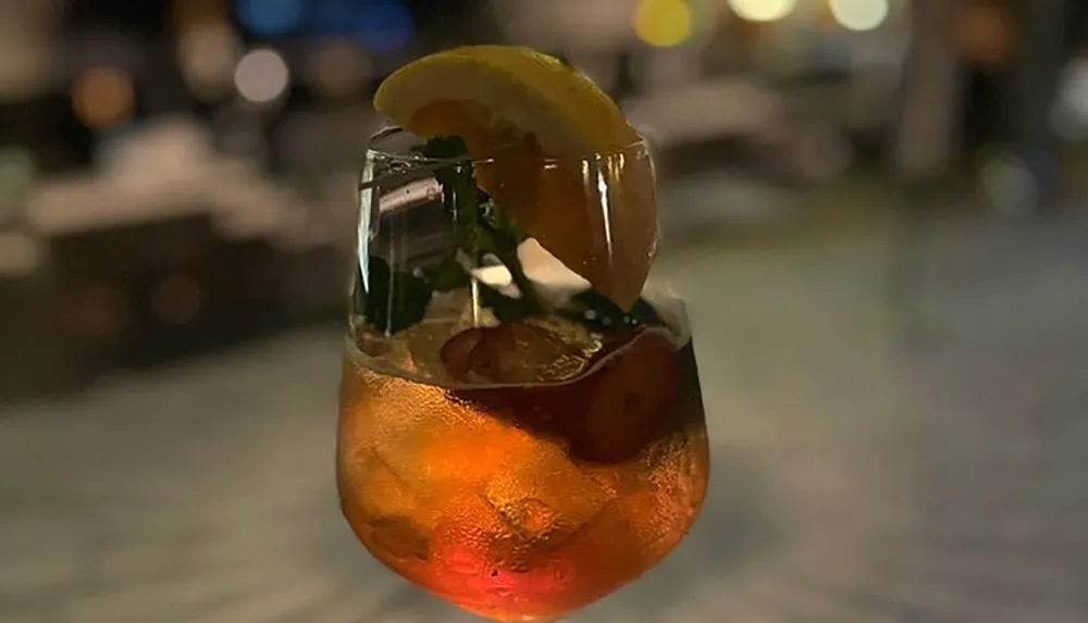 The image features a close-up of a refreshing cocktail garnished with a lemon slice and herbs presented in a glass against a blurred background that suggests an evening setting