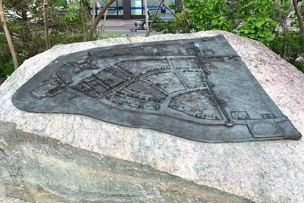 This is an image of a bronze relief model of a city or town layout mounted on a large rock possibly intended as a tactile map for visitors or a public art installation representing the area