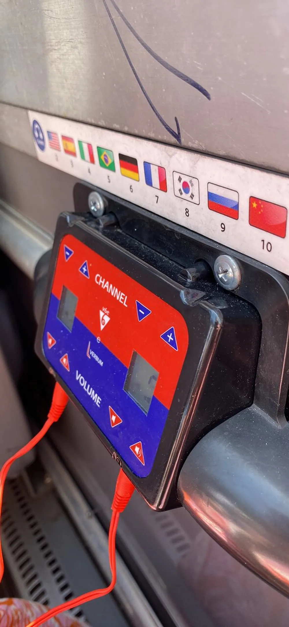 The image shows a close-up of an audio guide device with channel and volume controls attached to a panel with country flags indicating different language options and its connected with an orange cord