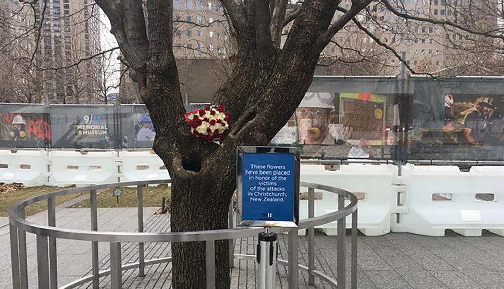 A heart-shaped floral tribute is placed on a tree trunk next to a sign that states the flowers are in honor of the victims of the attacks in Christchurch New Zealand with the 911 Memorial Museum in the background
