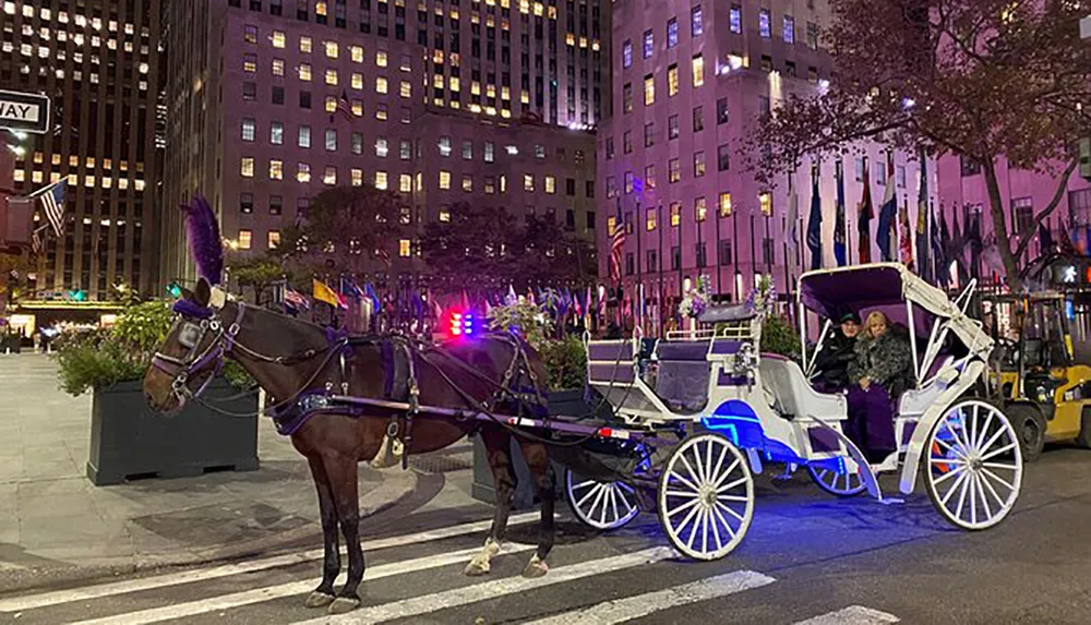A horse-drawn carriage waits on an urban street at night with passengers on board illuminated by city lights with buildings in the background