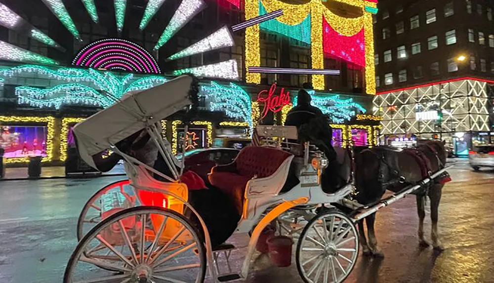 A horse-drawn carriage is parked on a city street at night amid festive holiday lighting displays