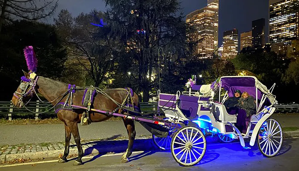 A horse-drawn carriage adorned with purple and blue lights carries passengers through an urban park at night