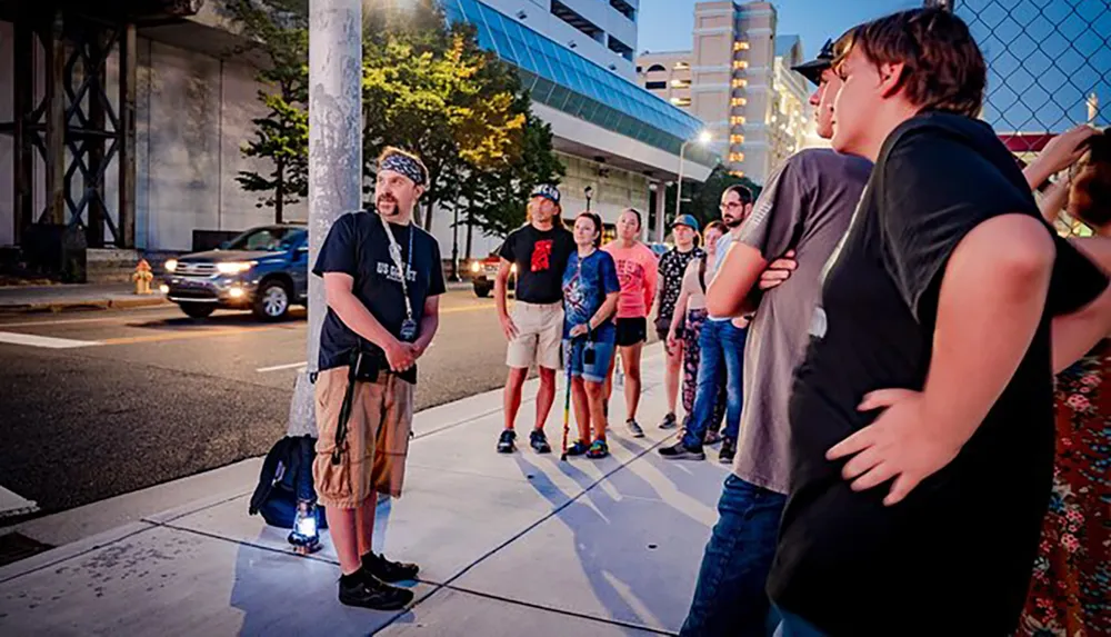 A group of people attentively listens to a man standing on a sidewalk presumably a tour guide during what could be an evening city tour