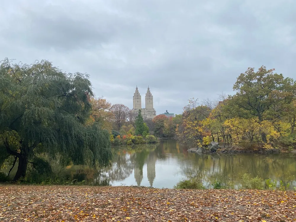 Autumn foliage surrounds a calm pond with overcast skies and twin towers rising in the background reflecting natures tranquility amidst urban architecture