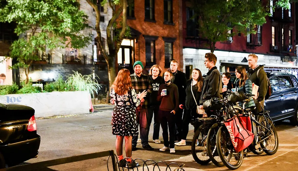 A group of people is attentively listening to a woman who appears to be giving a tour or telling a story at night on a city street lined with parked bicycles and a car