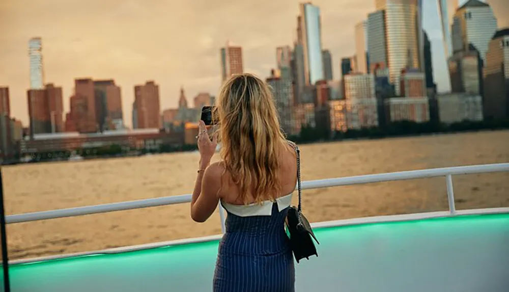 A woman stands on a boat capturing the skyline with her smartphone during sunset