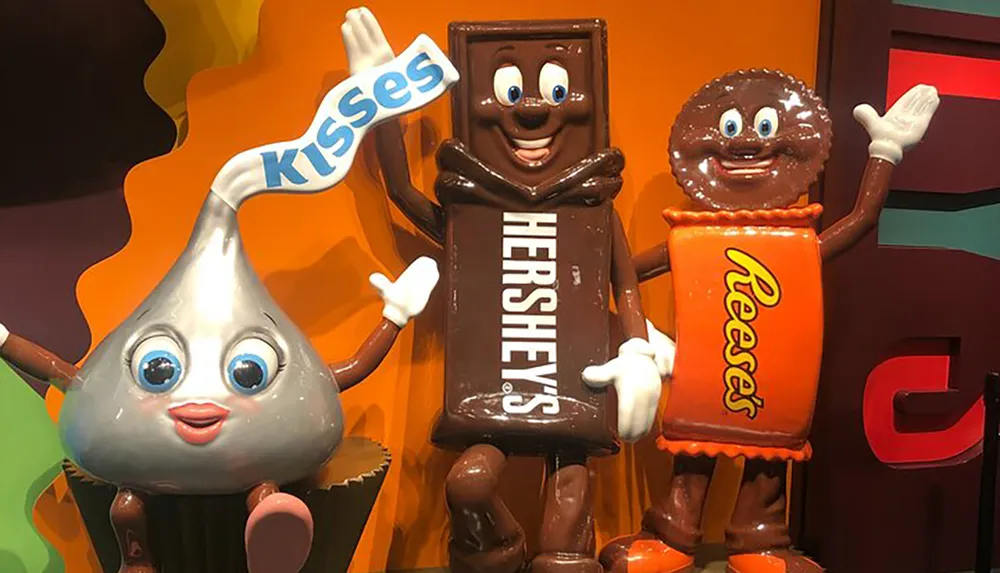 The image shows three anthropomorphic chocolate characters representing Hersheys Reeses and Hersheys Kisses smiling and posing together