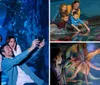 A family looks up in awe at sharks swimming overhead in an underwater tunnel at an aquarium