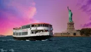 A sightseeing boat full of tourists passes by the Statue of Liberty against a backdrop of a vividly colored sky.