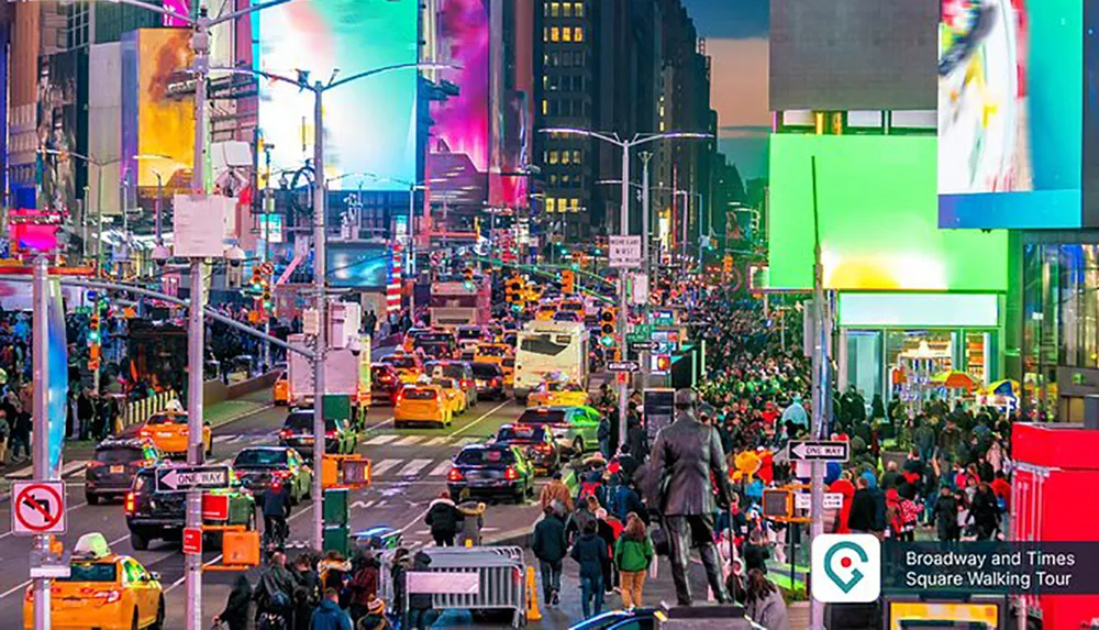 The image shows a bustling Times Square in New York City illuminated by colorful neon billboards at dusk with busy traffic and crowds of pedestrians