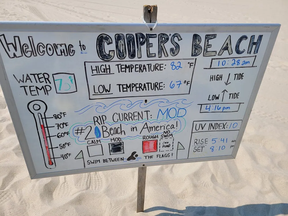 The image shows an information board at Coopers Beach providing details such as current water temperature high and low air temperatures tide times a moderate rip current warning being the 2 beach in America and a high UV index for the day