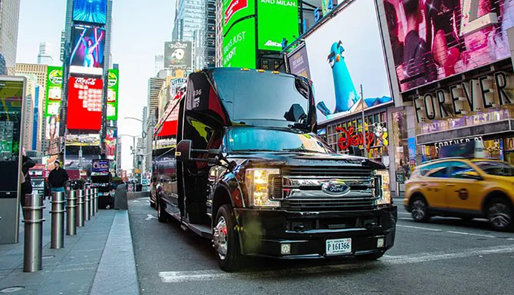 A black limousine is parked on a bustling street with bright billboards and a yellow taxi passing in the background likely depicting a scene from Times Square in New York City