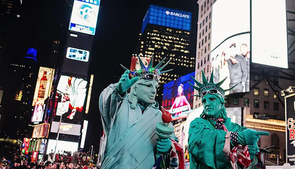 Two people dressed as the Statue of Liberty are posing for a photo in a brightly lit urban area at night