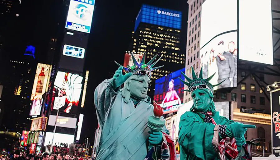 Two people dressed as the Statue of Liberty are posing for a photo in a brightly lit urban area at night.