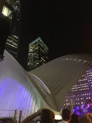 The image shows the illuminated, wing-like structure of the Oculus at the World Trade Center transportation hub in New York City, with skyscrapers towering in the background at night.