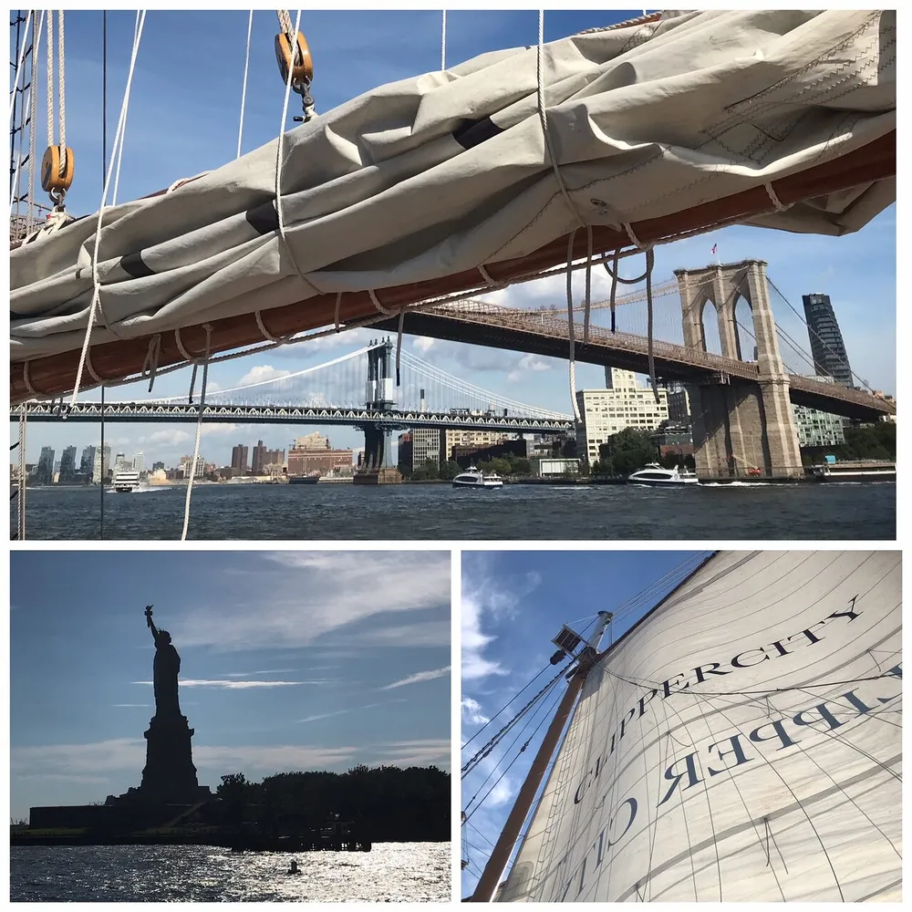 The image is a collage of three different scenes depicting iconic New York City landmarks and views from the perspective of a boat the Brooklyn Bridge the Statue of Liberty and a tall ships sail with the city skyline in the background