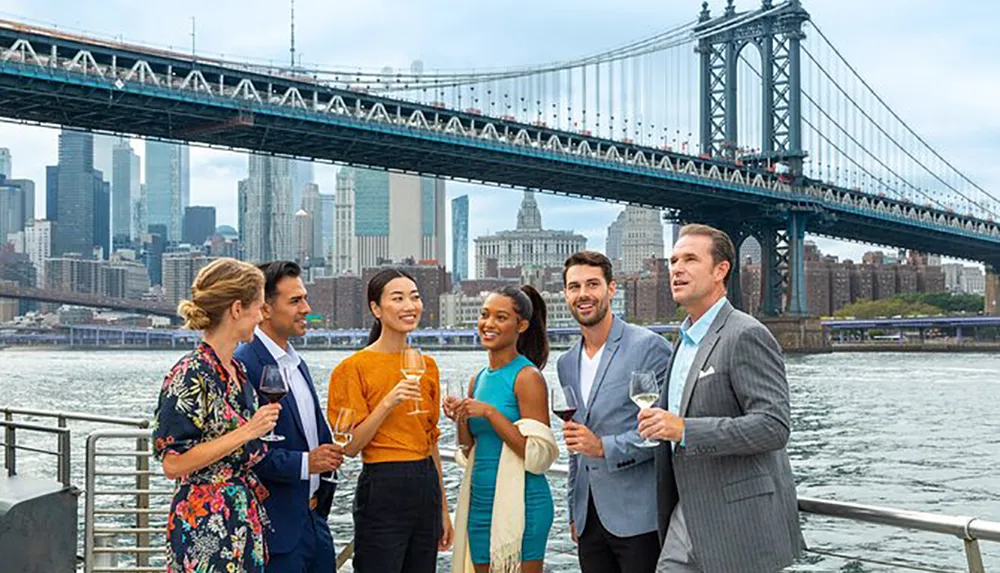 A group of people are engaged in a friendly gathering with drinks with the Manhattan skyline and a bridge in the background