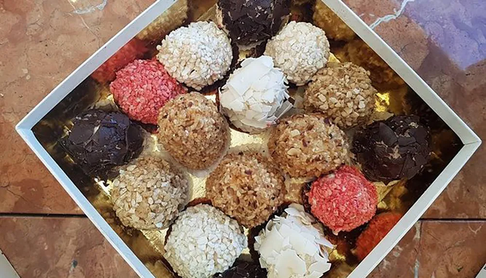 The image shows a selection of assorted chocolate truffles with various coatings presented in a box