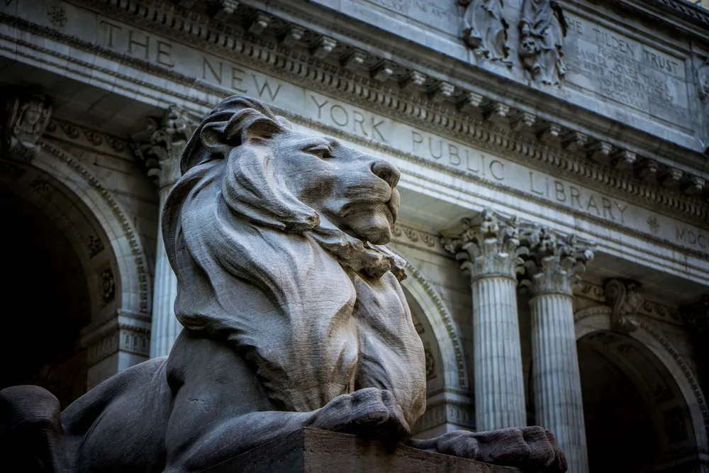 The image shows one of the majestic lion statues in front of the New York Public Library with the librarys faade in the background