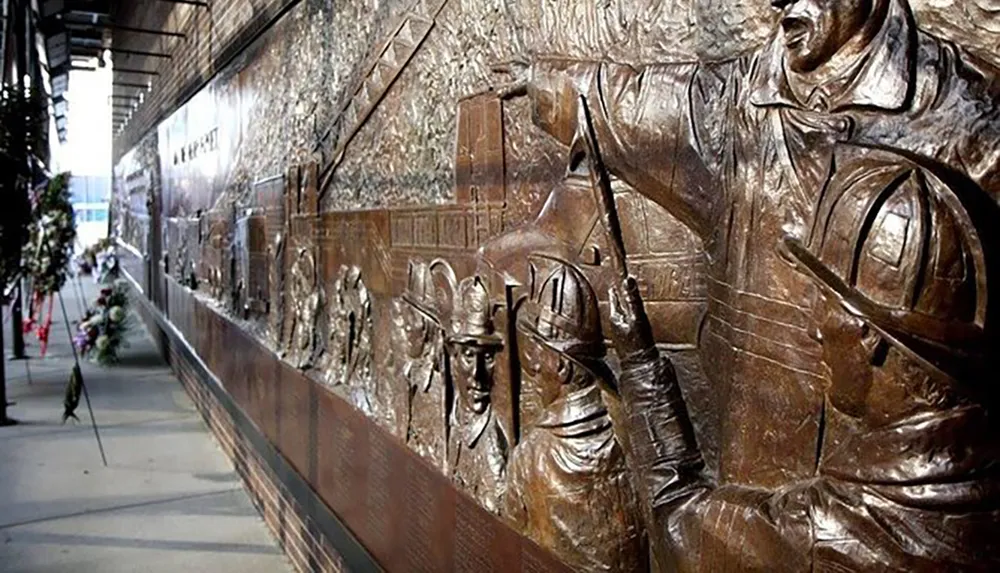 The image shows a large detailed bronze relief sculpture featuring firefighters possibly as a memorial with floral tributes lying at its base