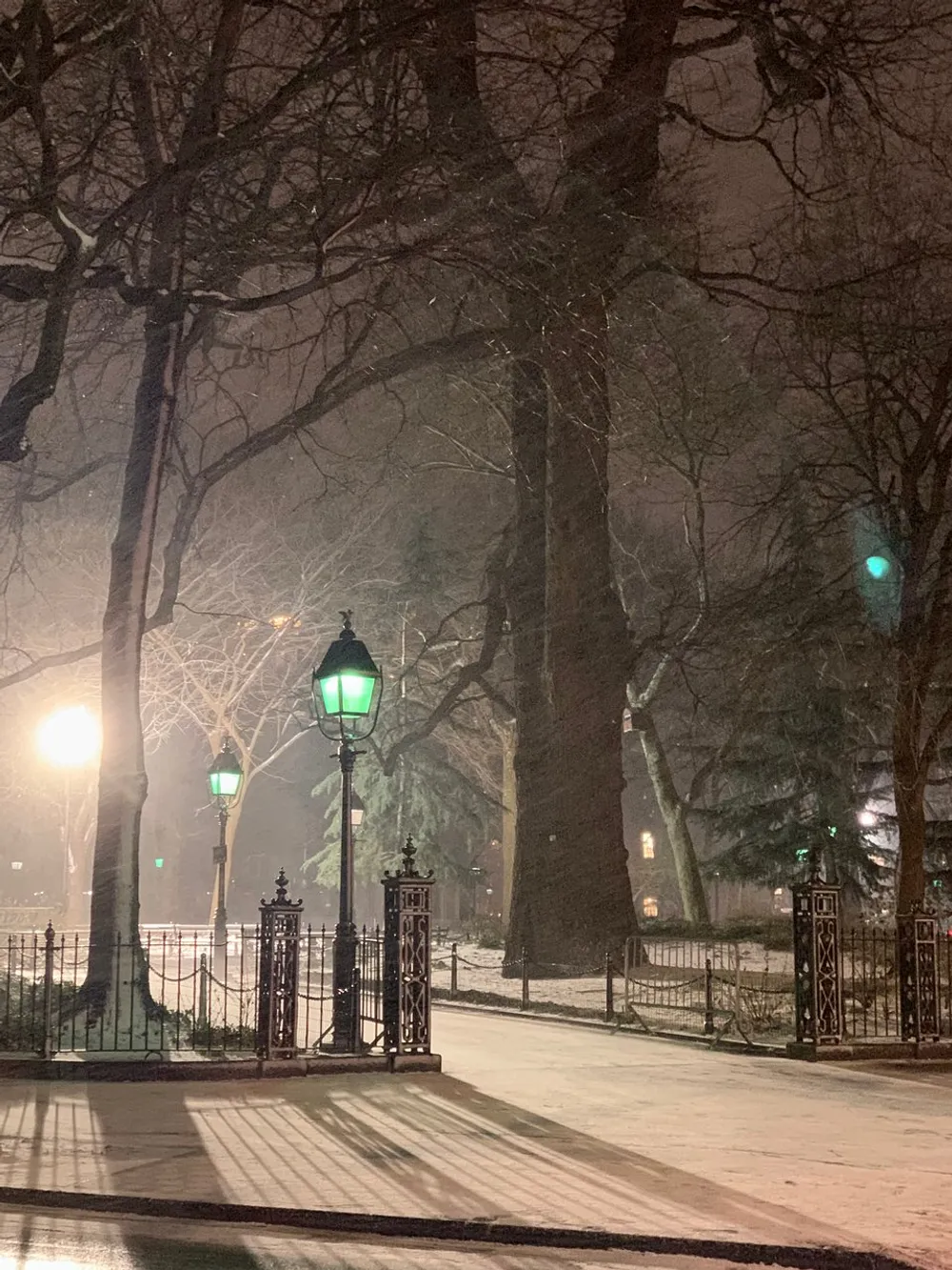 A snow-dusted park at night is illuminated by the warm glow of green-tinted lampposts casting long shadows through the gate and across the ground with trees looming in the backdrop