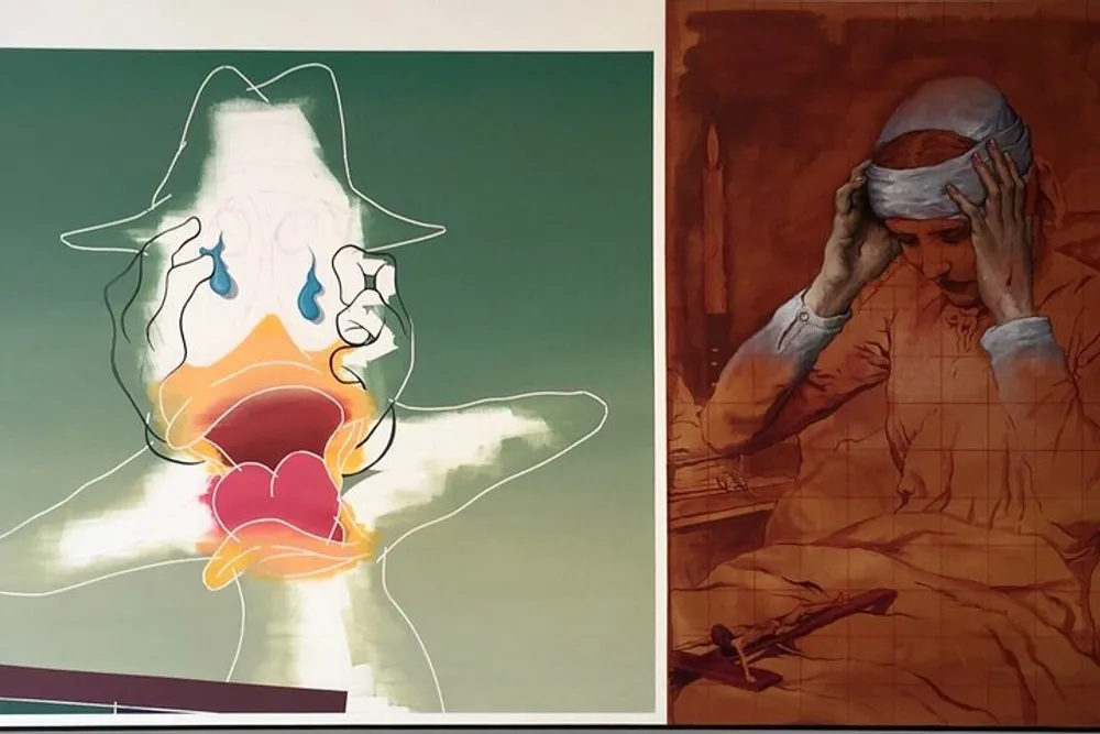 The image presents a diptych of two artworks side by side one is an abstract colorful depiction of a distressed Donald Duck and the other seems to be a monochromatic portrayal of a human figure in a similar distressed pose