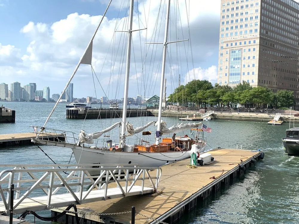 The image shows a sunny harbor view with moored sailboats a wooden pier and high-rise buildings in the background