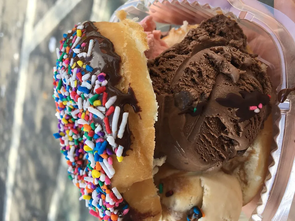 The image shows a close-up of a dessert featuring ice cream scoops and a half of a sprinkle-coated chocolate-drizzled doughnut served in a clear plastic container