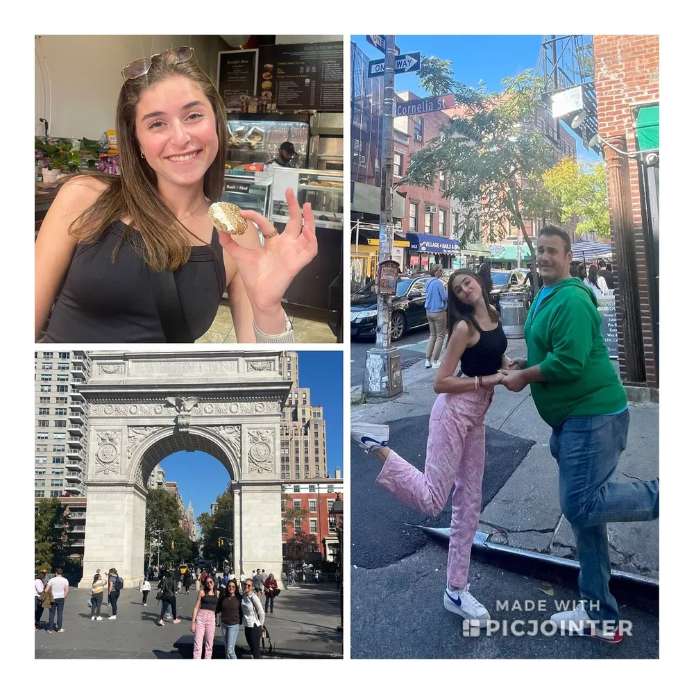 The image is a collage of three different photos displaying a happy woman holding a bagel a couple dancing on a city street and a group of people in front of a large arch monument with watermark MADE WITH PICJOINTER at the bottom right