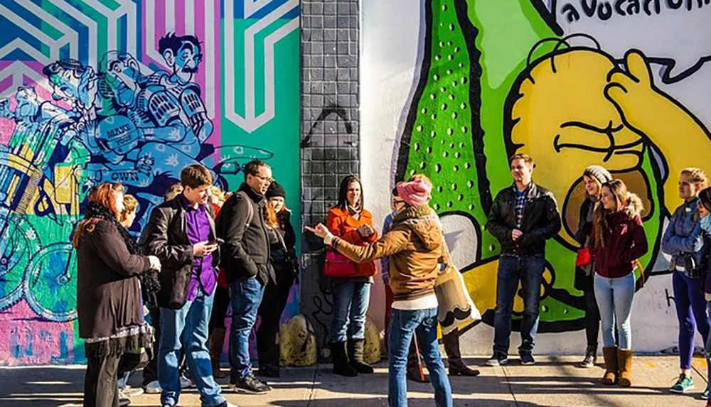 A group of people is engaged in what appears to be a guided tour standing in front of a vibrant street art mural on a sunny day
