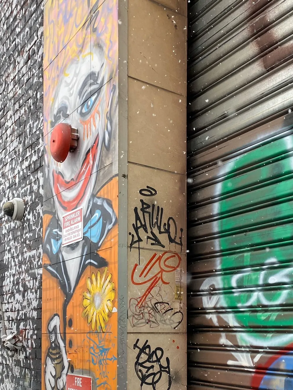 The image shows an urban wall with a vibrant clown graffiti artwork alongside various tags and a partially visible metal shutter