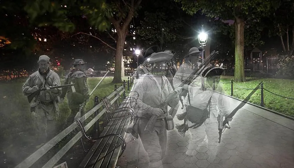 The image features a ghostly overlay of what appears to be Revolutionary War soldiers marching through a modern park at night juxtaposing past and present