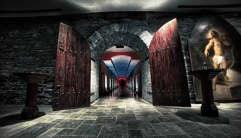 The image shows a dramatic and atmospheric hallway with arched stone ceilings richly textured walls red wooden doors and a painting of a figure at the far end creating a sense of historical depth and mystery