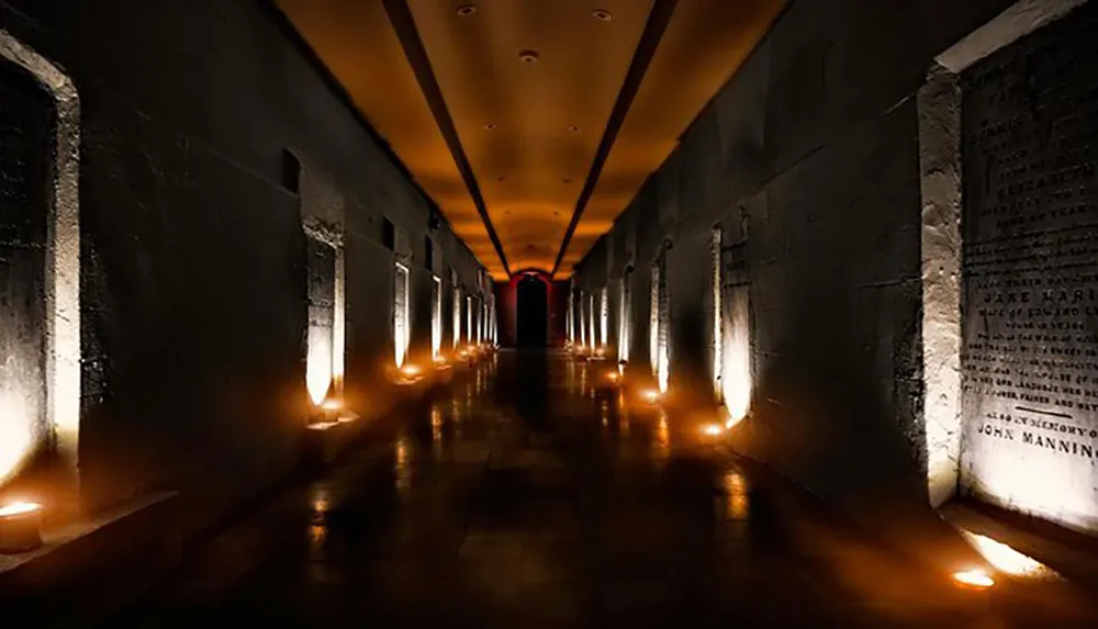 A dimly lit hallway is flanked by stone walls inscribed with text with candles illuminating the floor at regular intervals creating an atmospheric and somber ambiance