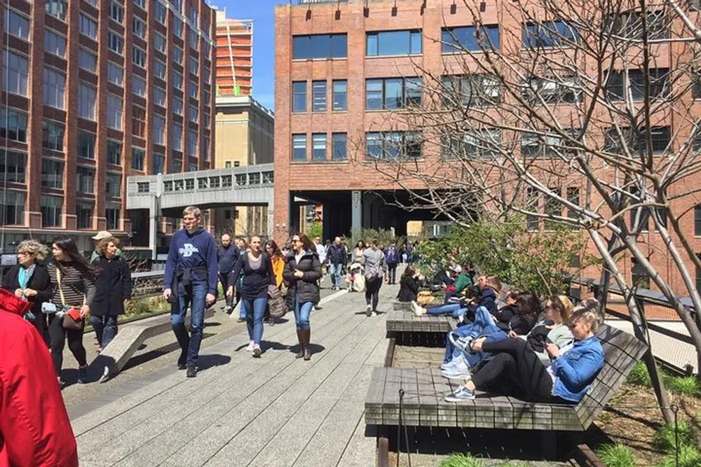 People are walking and sitting on benches on an elevated park walkway flanked by modern buildings on a sunny day