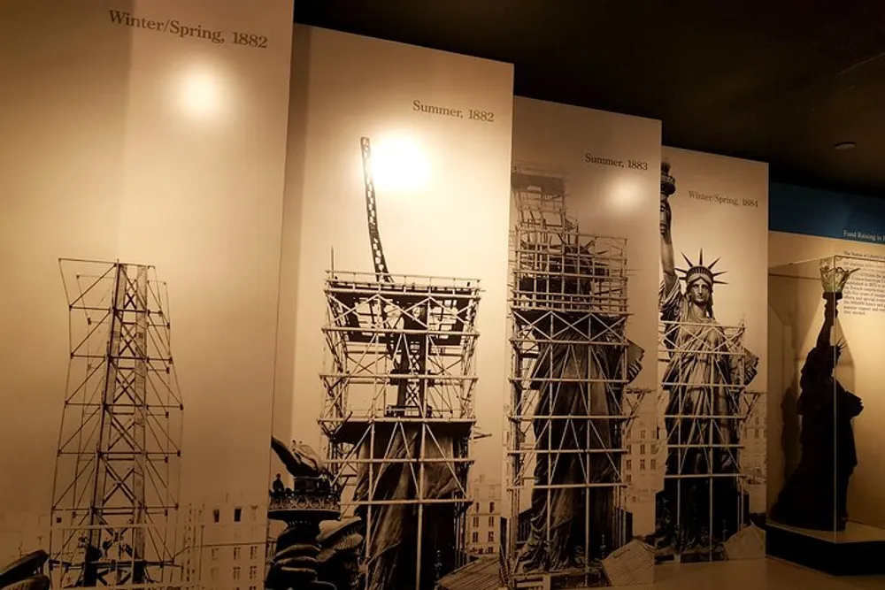 This image showcases a series of panels depicting the construction phases of the Statue of Liberty over time from its initial framework in winterspring 1882 to its completion in winterspring 1884