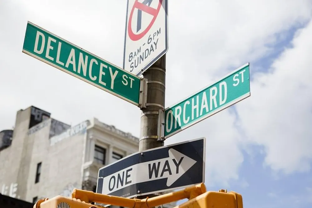 The image shows street signs at the intersection of Delancey Street and Orchard Street with a No Parking sign and a One Way sign attached to a traffic light pole against a partly cloudy sky