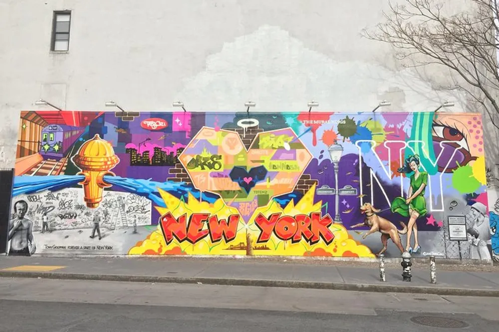 The image shows a vibrant and colorful street mural portraying various elements and icons associated with New York City