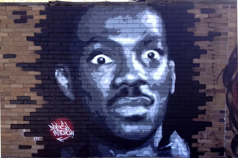 The image displays a grayscale mural on a brick wall featuring a surprised or startled looking face with elements of the wall seemingly pixelating or breaking apart on one side