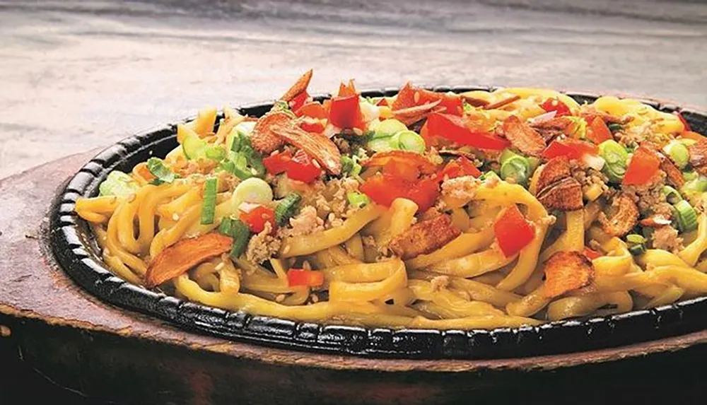 The image features a sizzling hot plate of stir-fried noodles with chicken vegetables and garnished with chopped green onions