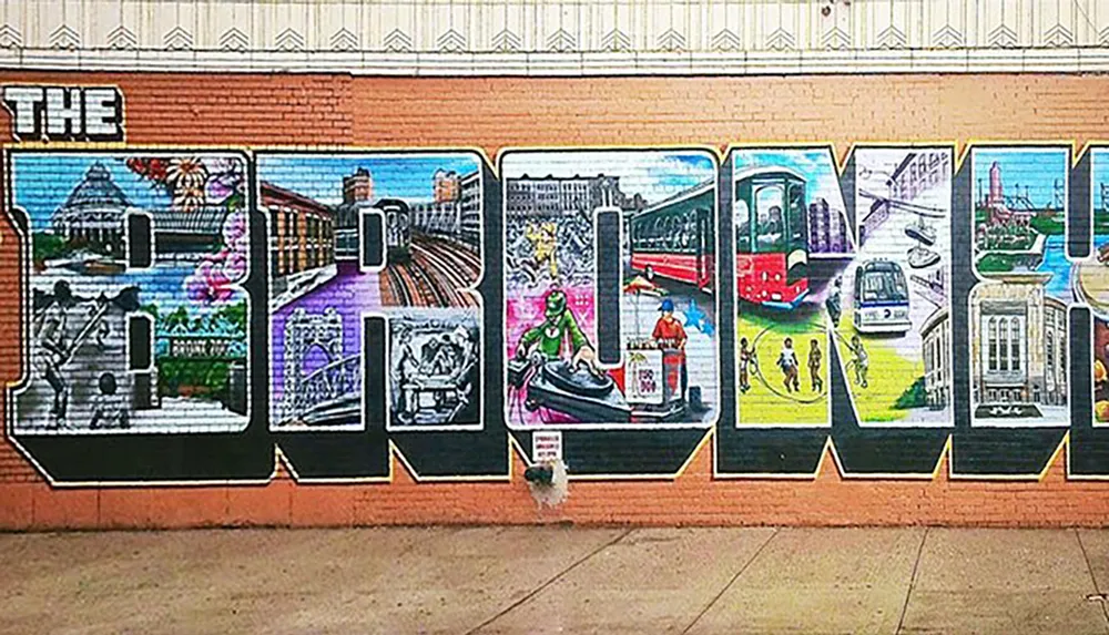 The image shows a vibrant street mural depicting various scenes and aspects of urban life within the letters of a word