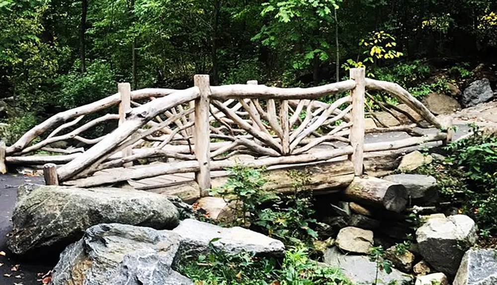 This image shows a rustic wooden bridge with an intricate branch railing over a small creek surrounded by a forested area